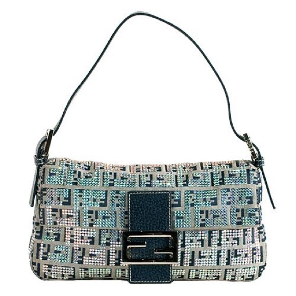 Fendi Handbags - Zucchino Crystal Navy Ff Monogram Canvas Baguette